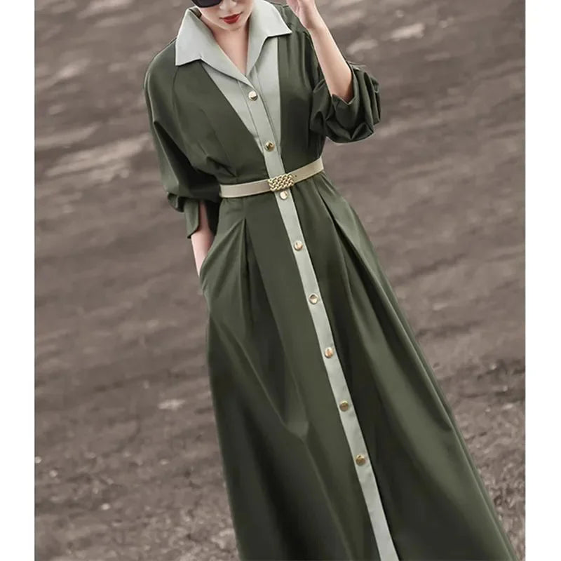 Robe Chemise Rétro Contrastée à Taille Ceinturée