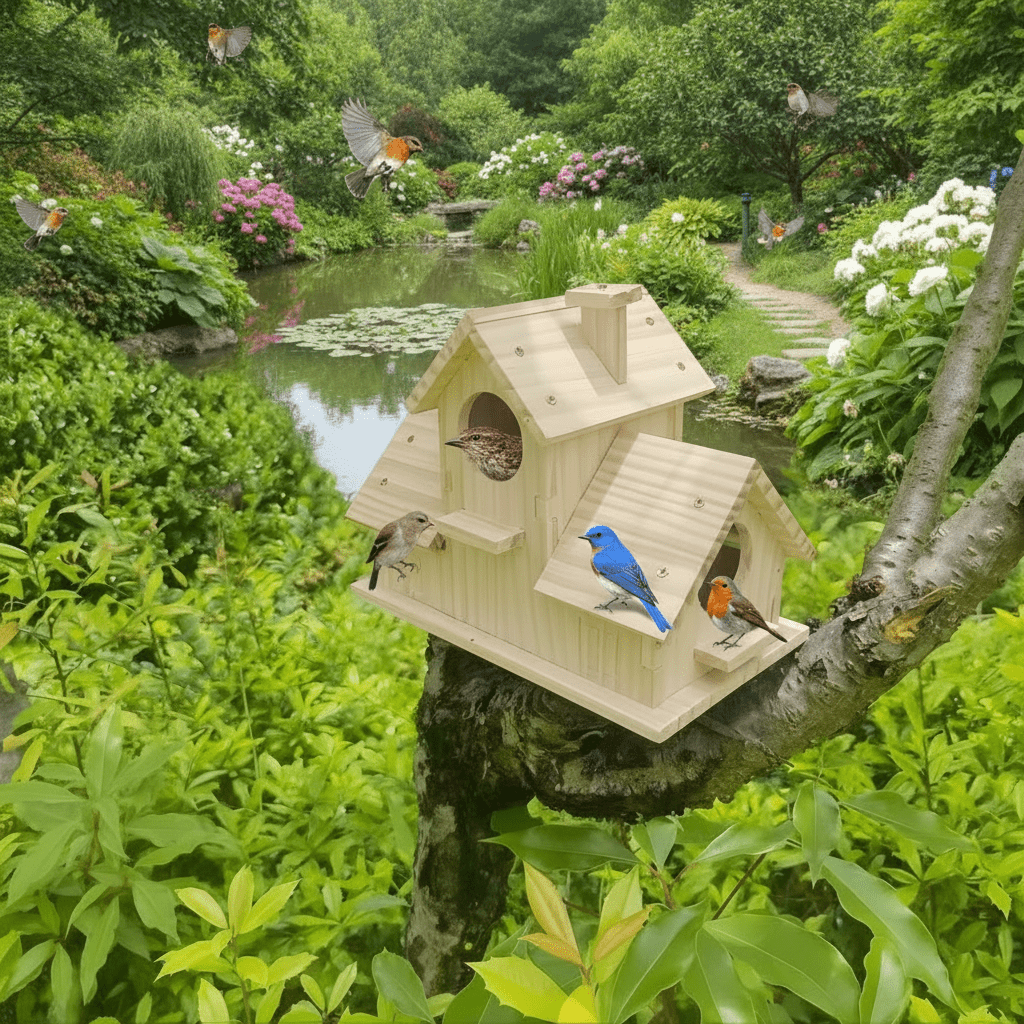 Stonehart rusztikus madáretető tömör fából, többkamrás fészekdobozzal kertimadaraknak