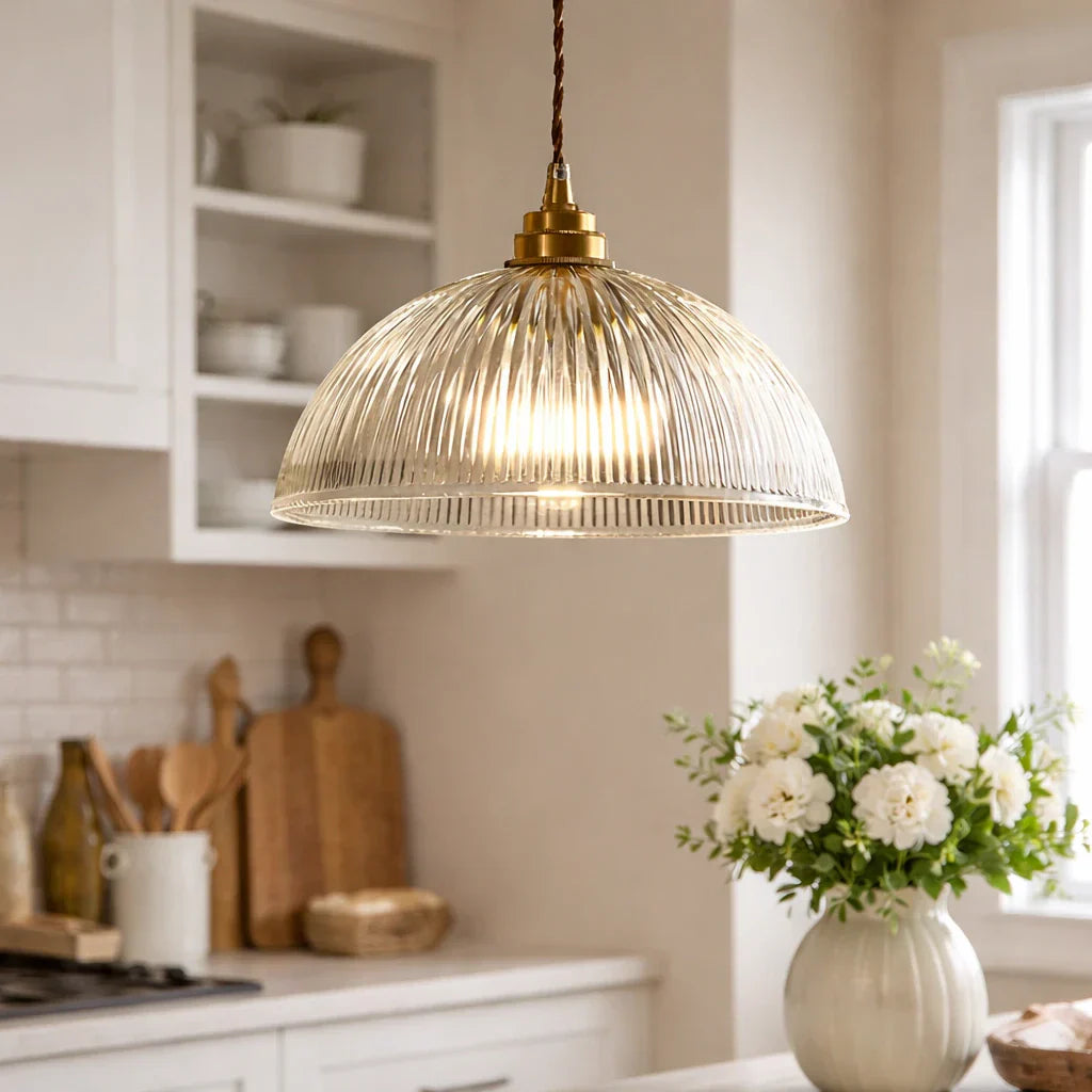 Ipari stílusú, bordázott üvegkupolás függeszték lámpatest