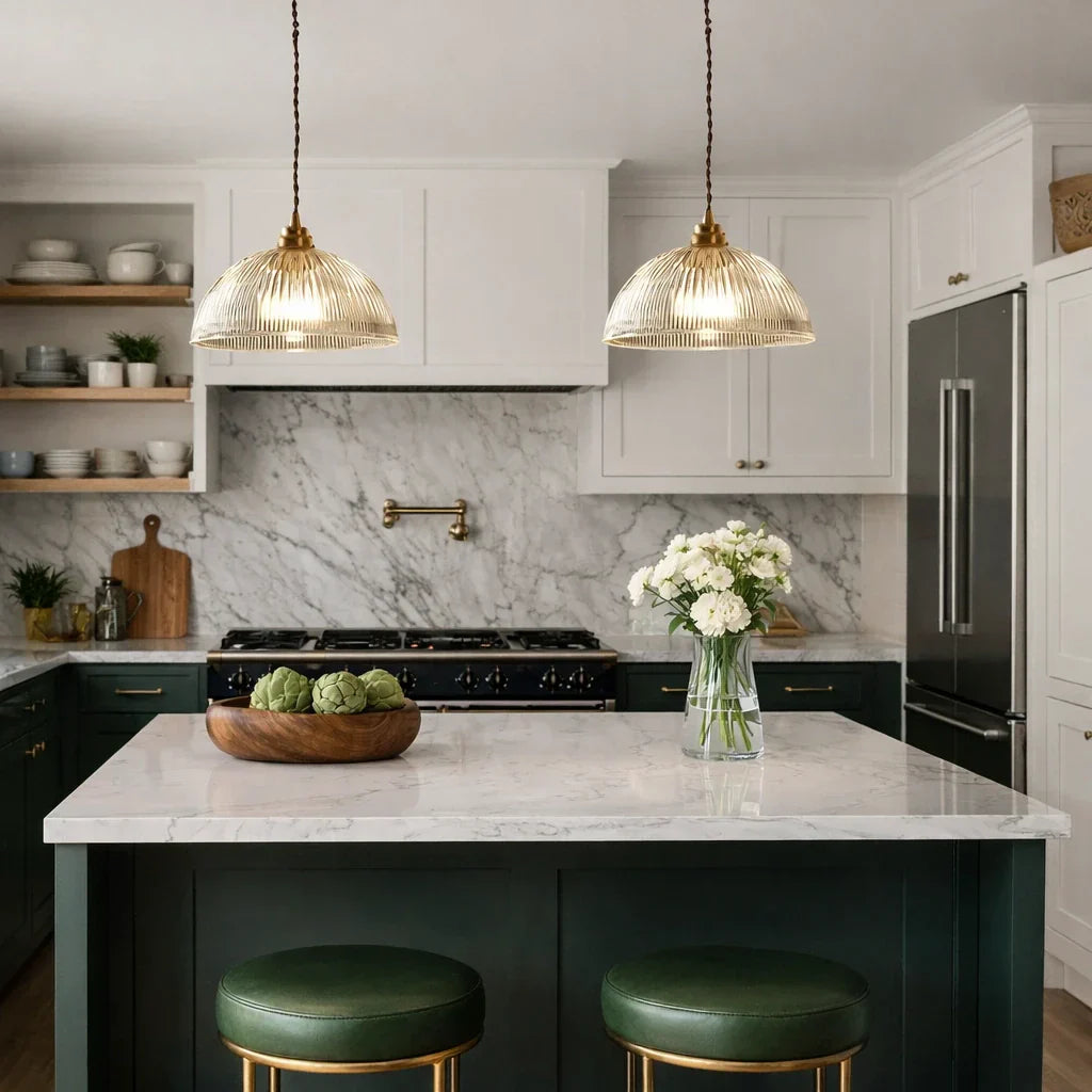 Ipari stílusú, bordázott üvegkupolás függeszték lámpatest