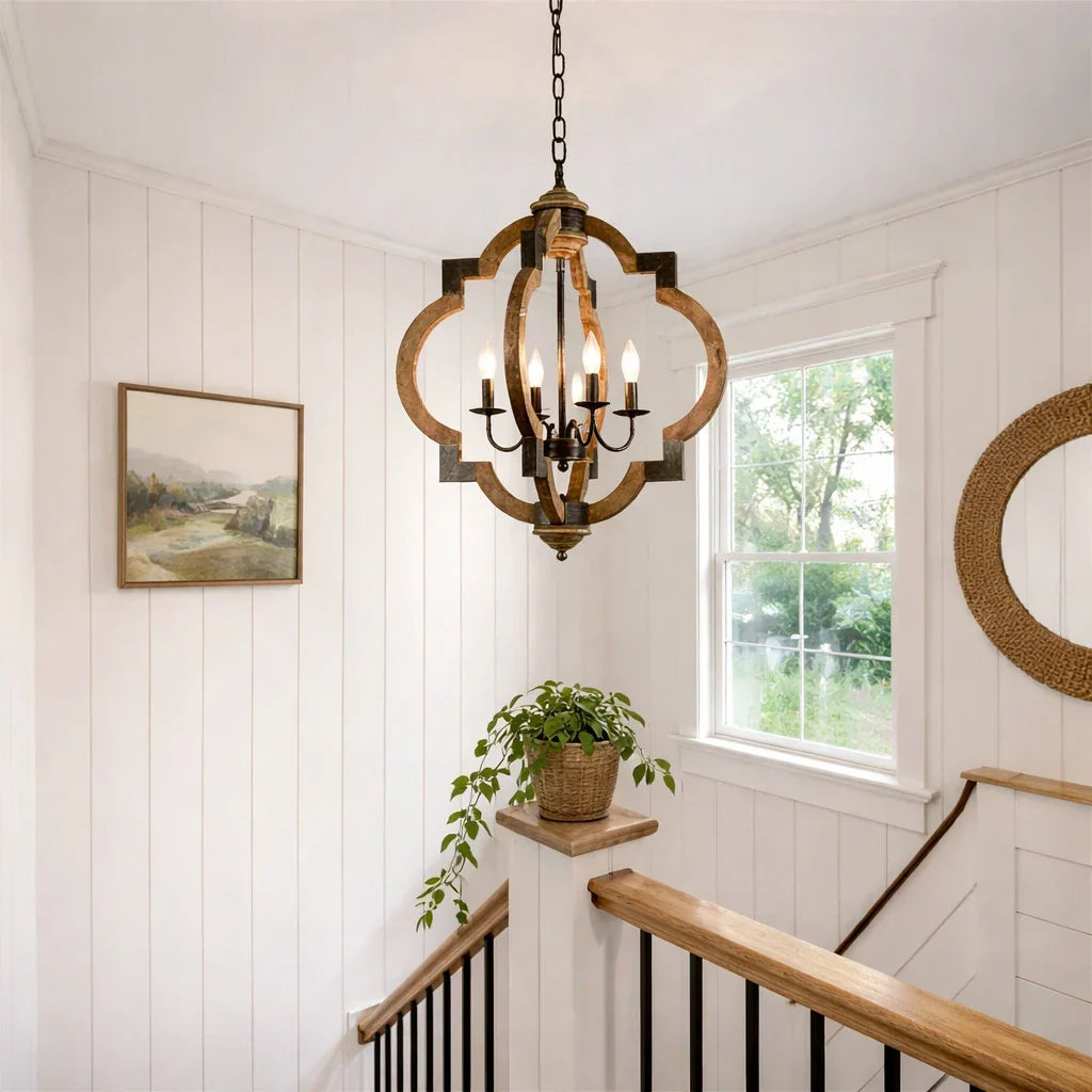 Farmhouse Style 4-Light Wooden Round Lantern Ceiling Light