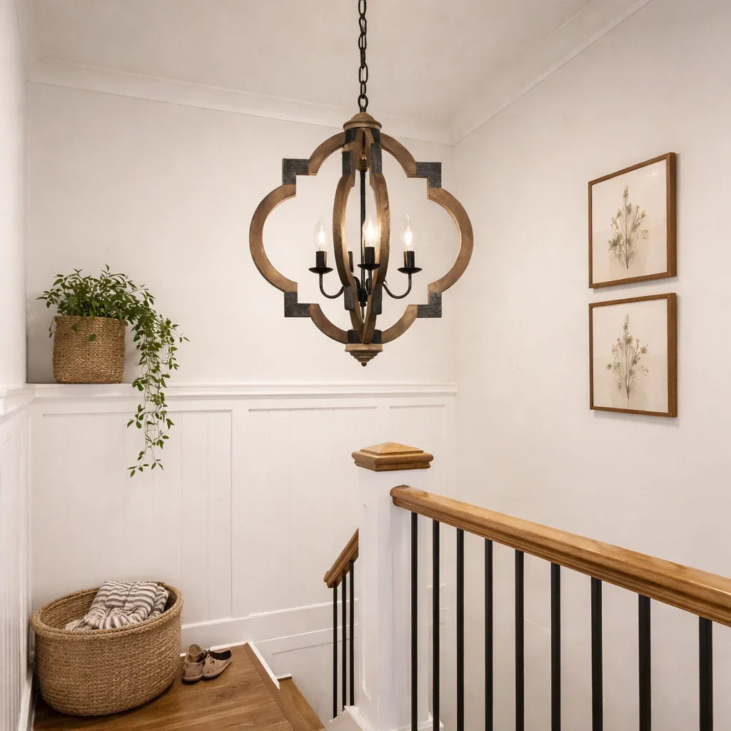 Farmhouse Style 4-Light Wooden Round Lantern Ceiling Light