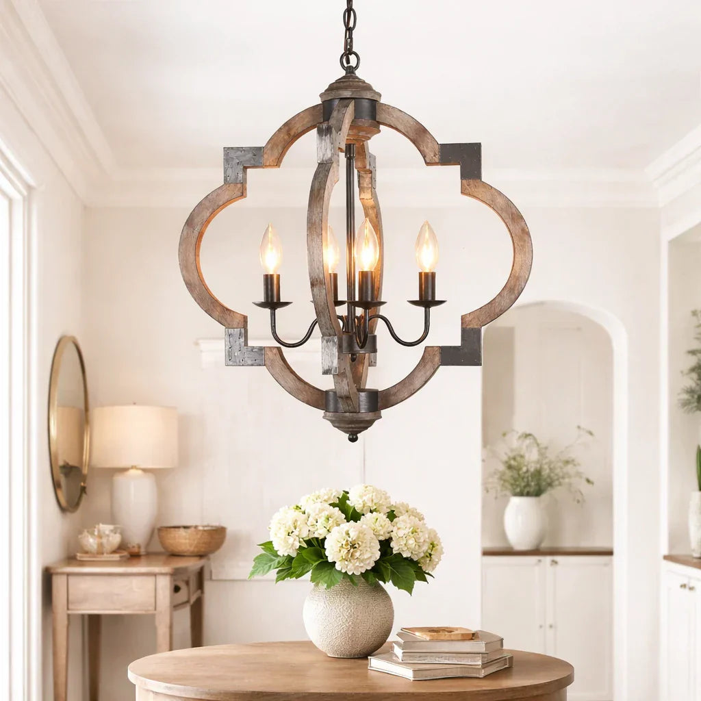 Farmhouse Style 4-Light Wooden Round Lantern Ceiling Light