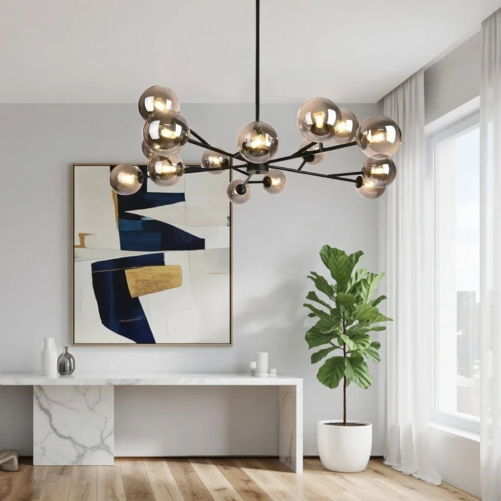 Glazen Bol Mid-Century Kroonluchter met Vijftien Lampen