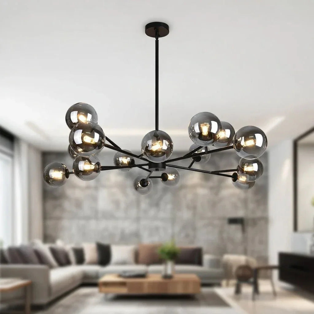 Glazen Bol Mid-Century Kroonluchter met Vijftien Lampen