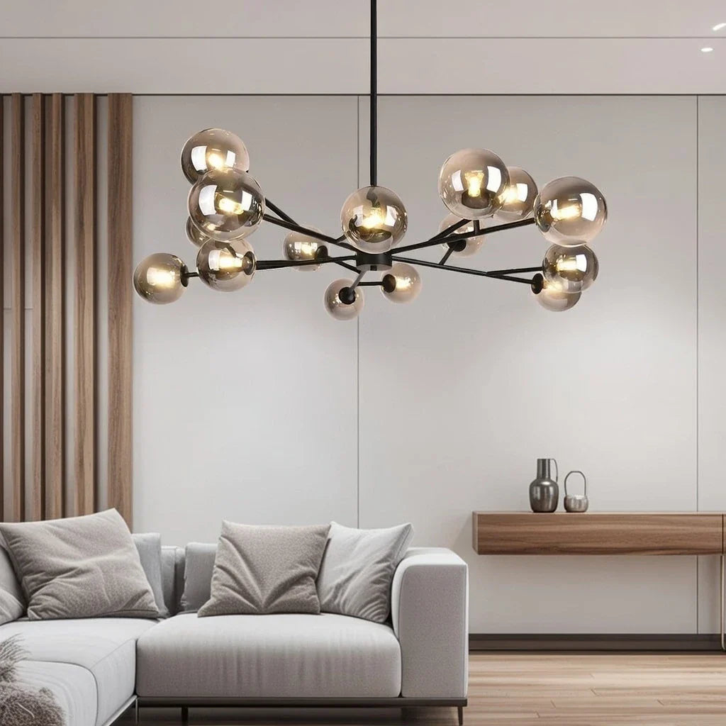 Glazen Bol Mid-Century Kroonluchter met Vijftien Lampen