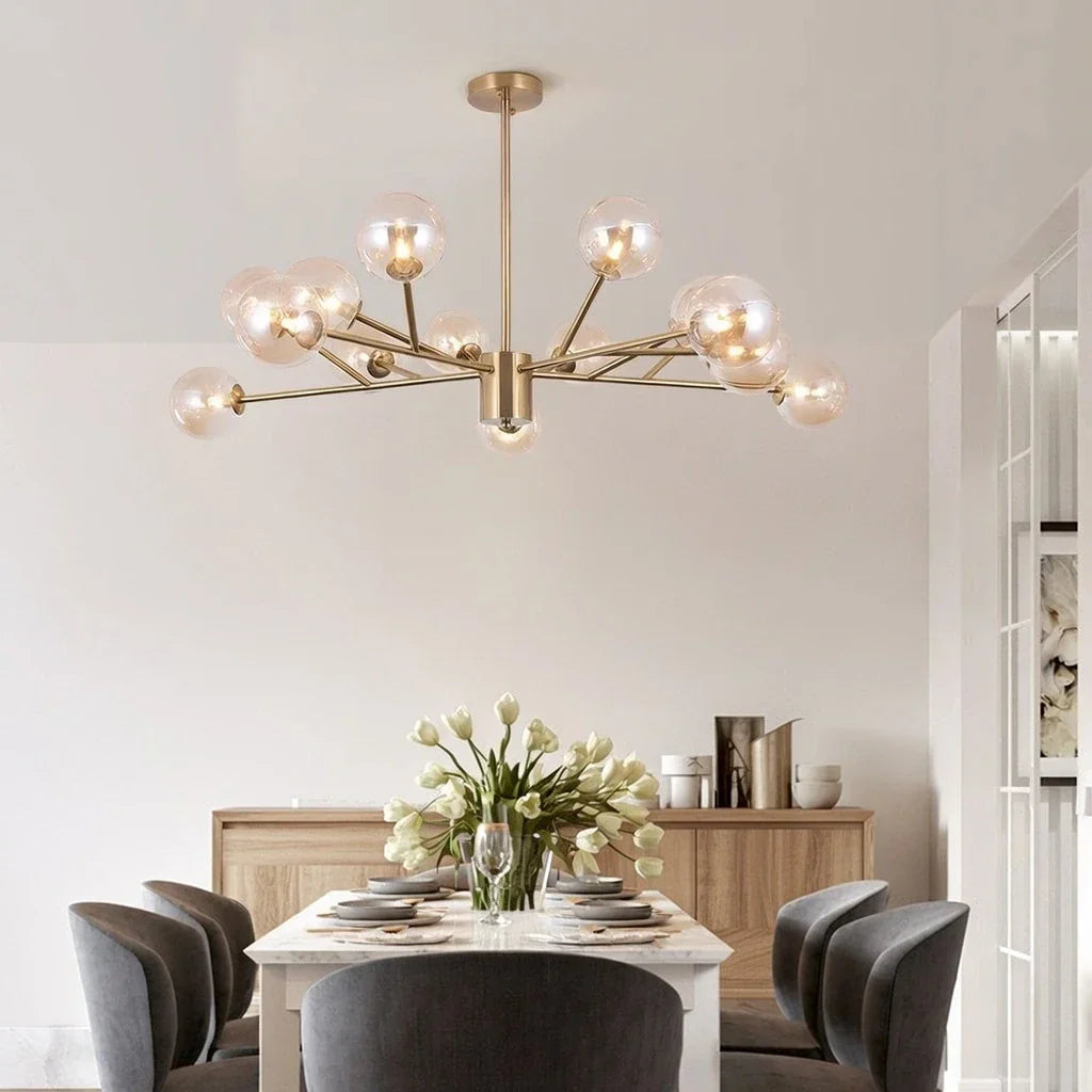 Glazen Bol Mid-Century Kroonluchter met Vijftien Lampen