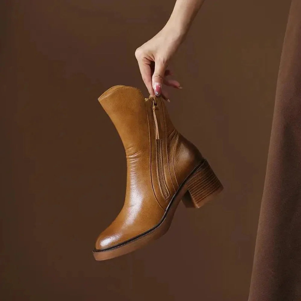 Bottines en Cuir à Talon Epais
