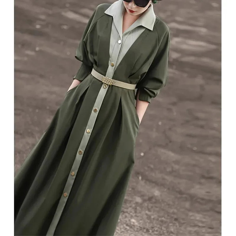 Robe Chemise Rétro Contrastée à Taille Ceinturée