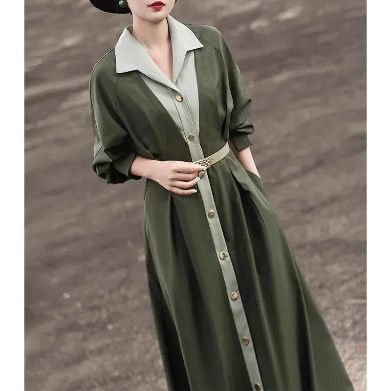 Robe Chemise Rétro Contrastée à Taille Ceinturée