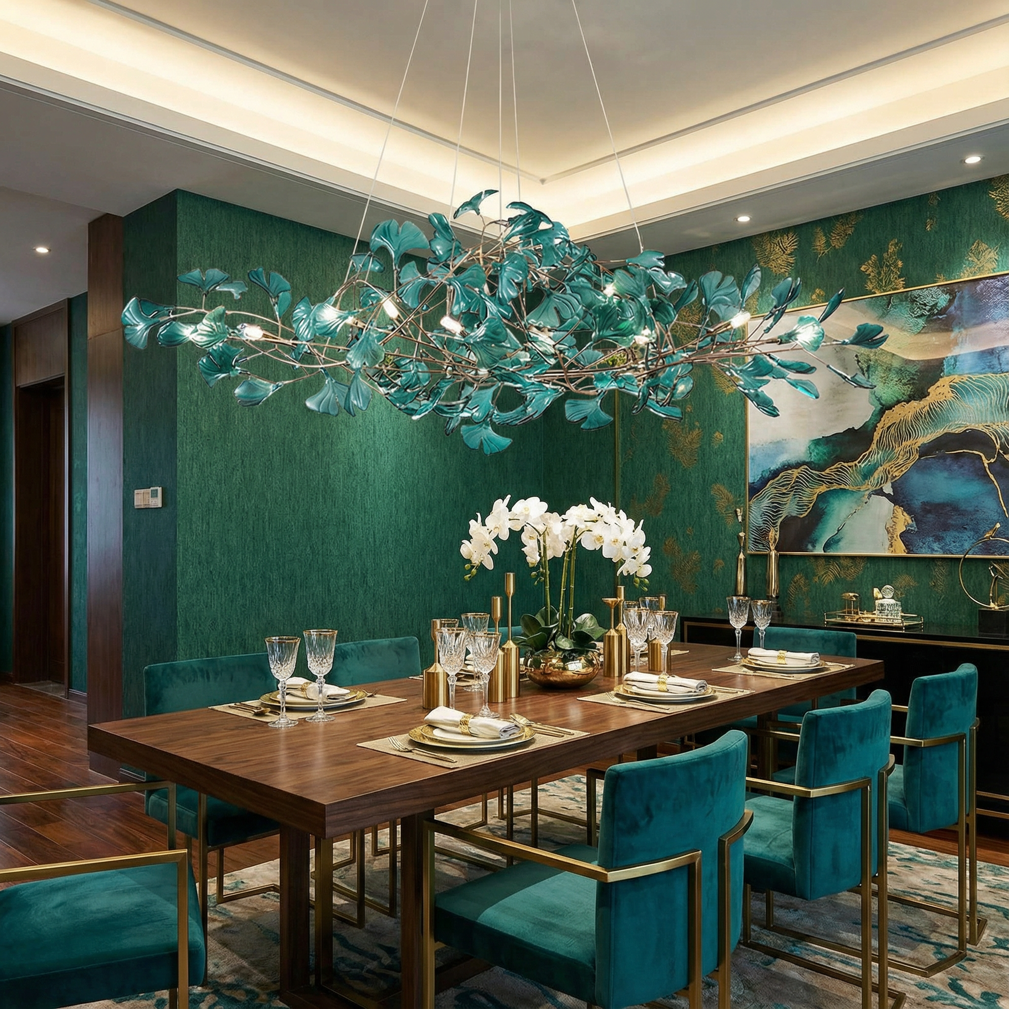 Emerald Aura Modern Elegant Acrylic Leaf Chandelier Light