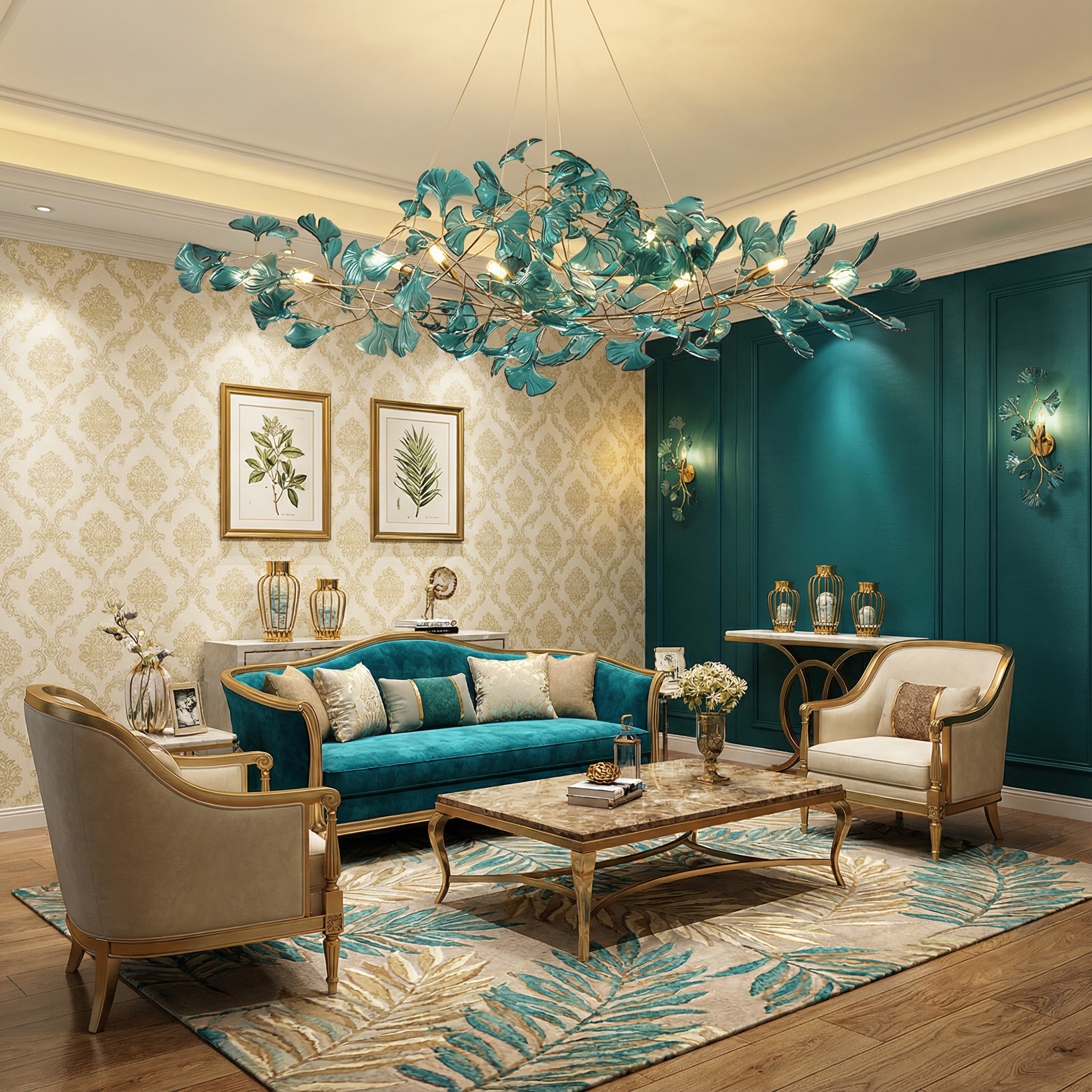 Emerald Aura Modern Elegant Acrylic Leaf Chandelier Light