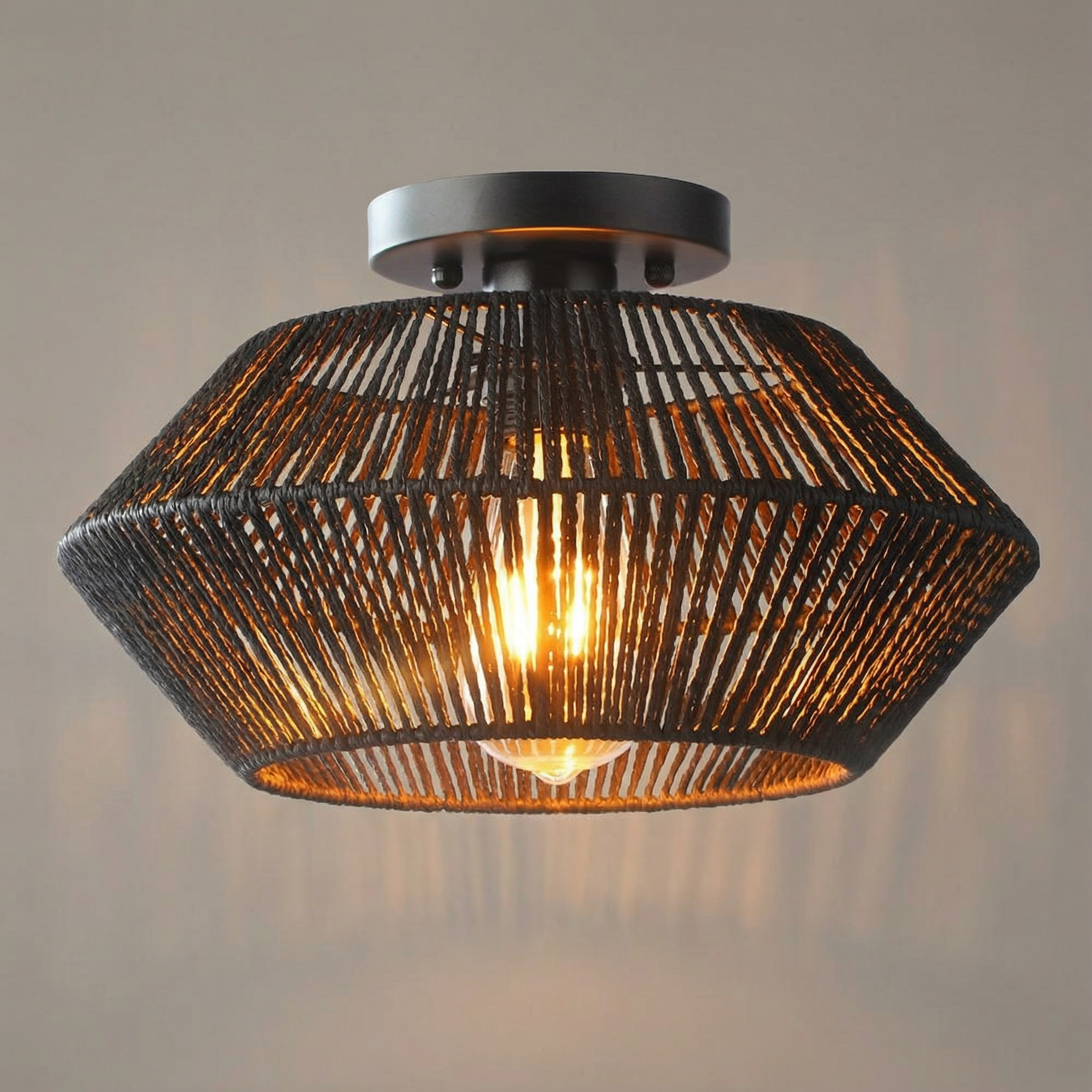 Emerald Weave Elegant Handwoven Bamboo Flush Mount Ceiling Light