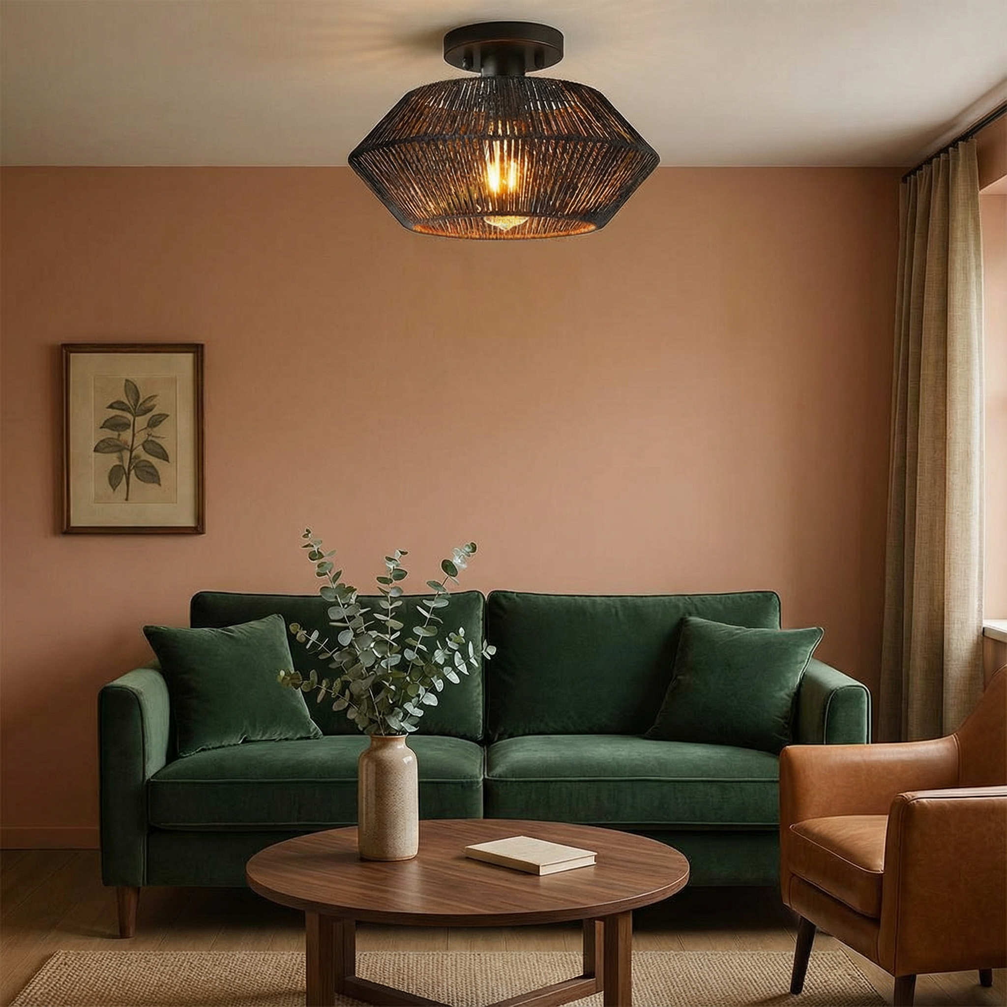 Emerald Weave Elegant Handwoven Bamboo Flush Mount Ceiling Light