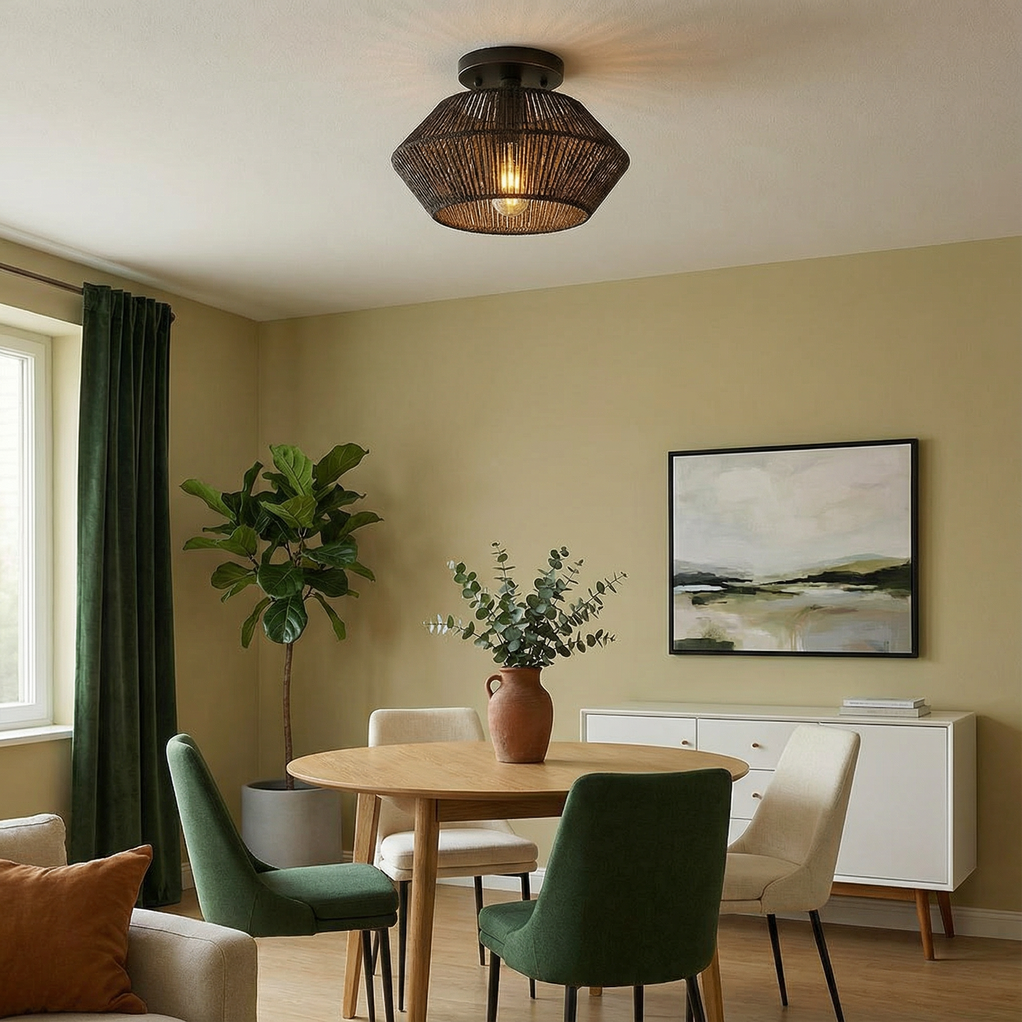 Emerald Weave Elegant Handwoven Bamboo Flush Mount Ceiling Light