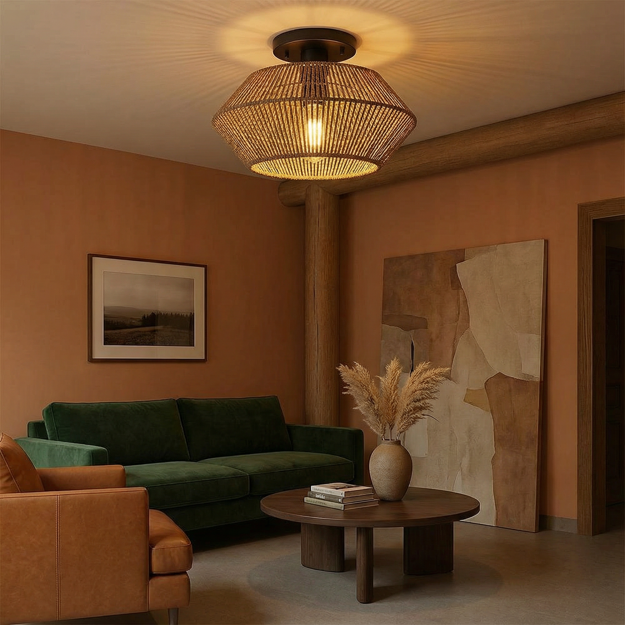 Emerald Weave Elegant Handwoven Bamboo Flush Mount Ceiling Light