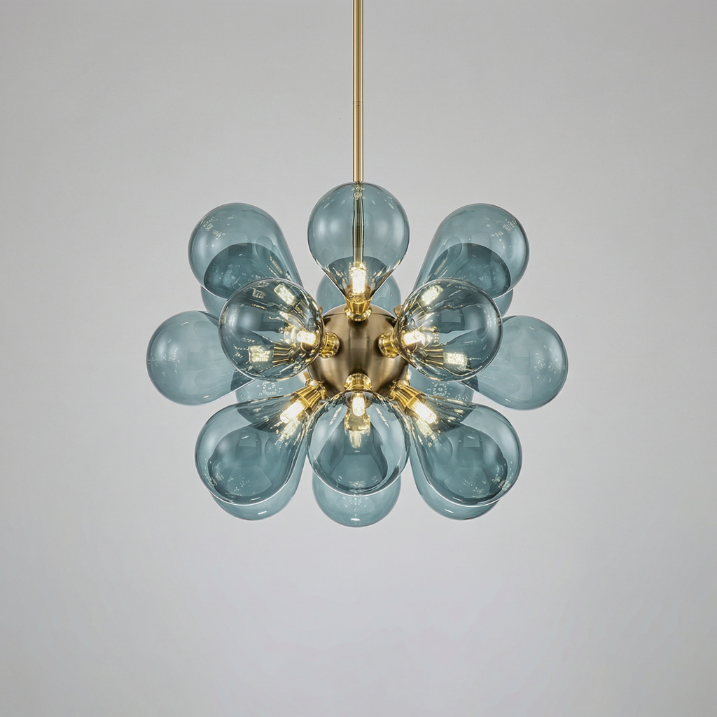 Lampadario a grappolo con sfere di vetro blu ad altezza regolabile per decorazione sala da pranzo