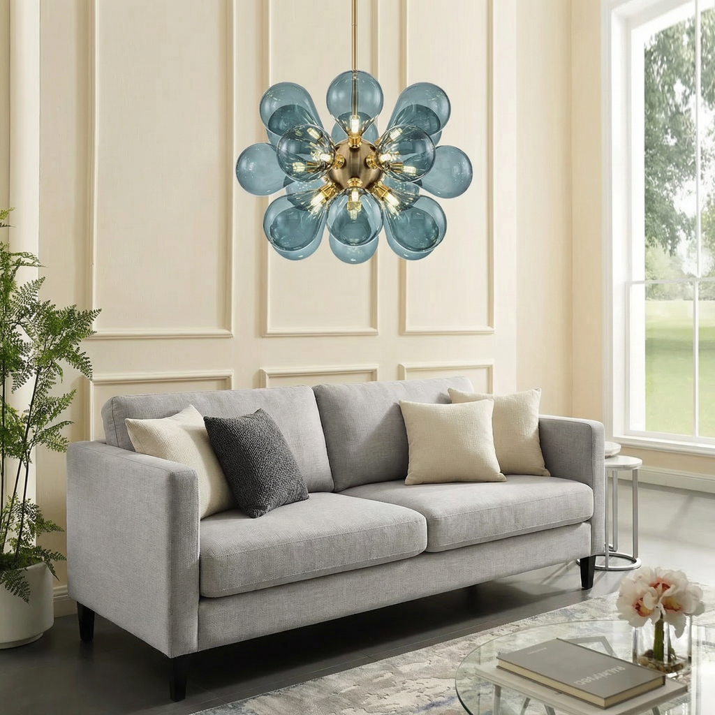 Lampadario a grappolo con sfere di vetro blu ad altezza regolabile per decorazione sala da pranzo