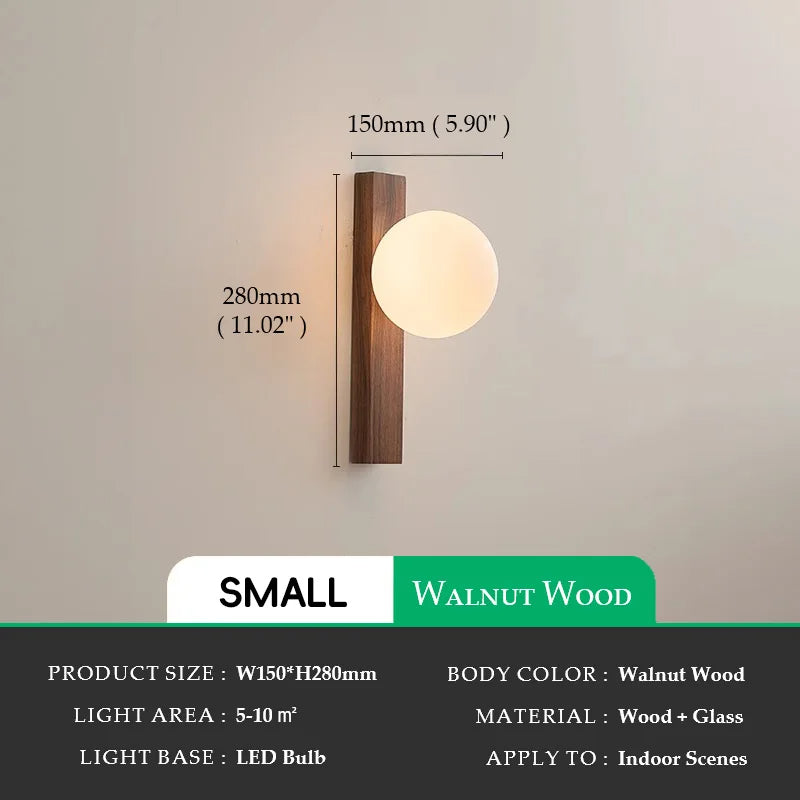 Aurora Lux Walnut Wood Wall Sconce With Glass Globe